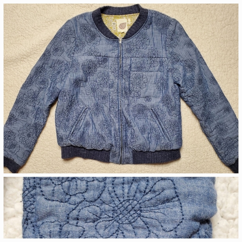 Anthropologie Lilka Floral Embroidered Denim Bomber Jacket Size S